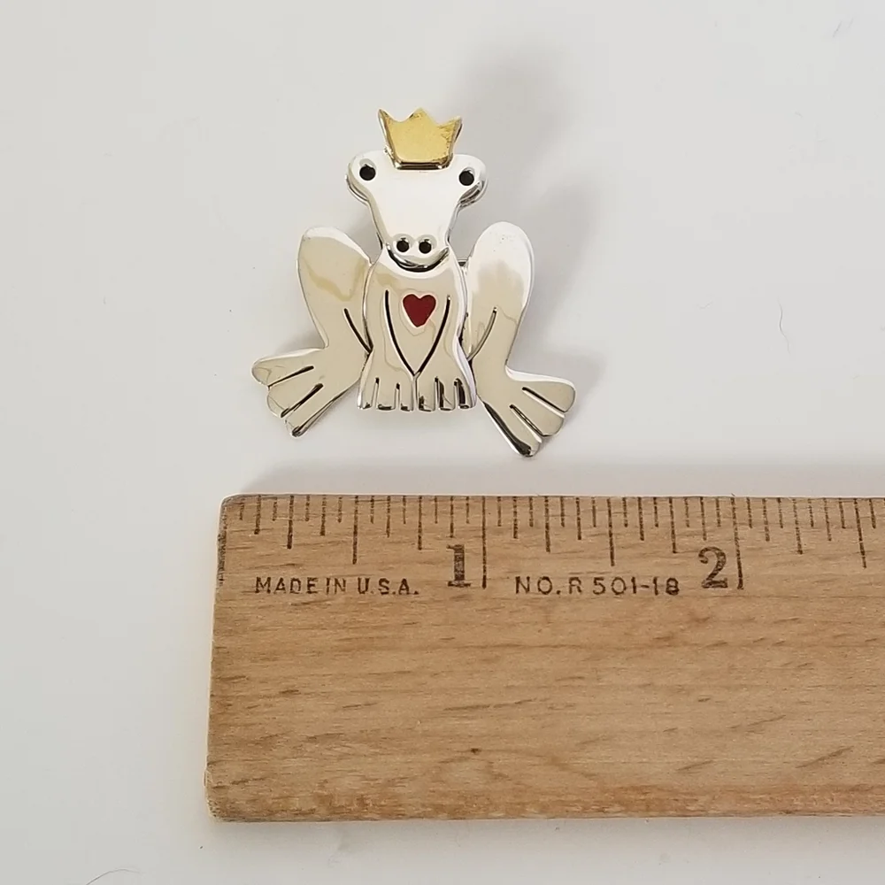 Vintage A&J Harvey Sterling Silver Frog Prince Brooch Brass Crown Enameled Heart